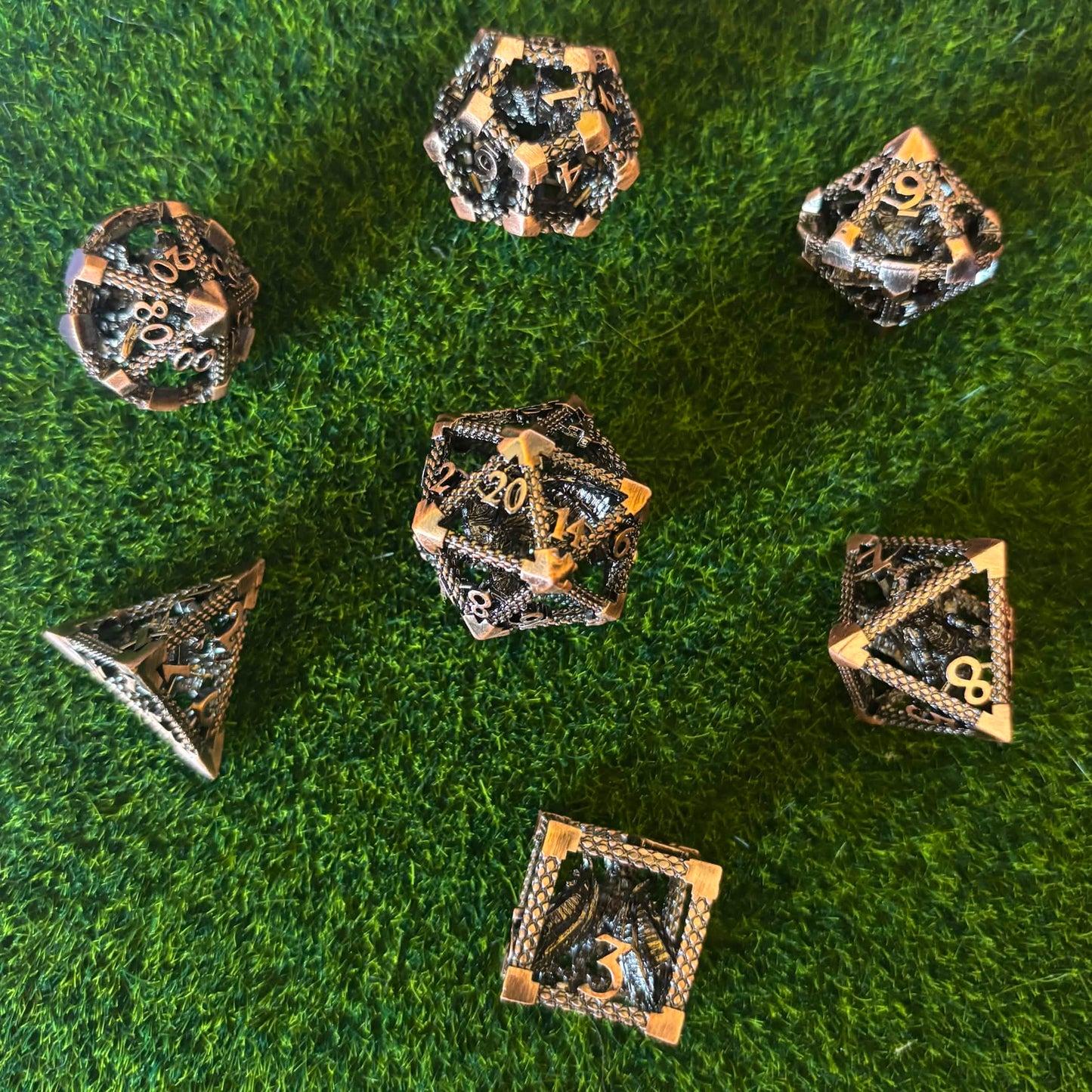 Enclosed Copper Dragons - Hollow Metal Dice Set